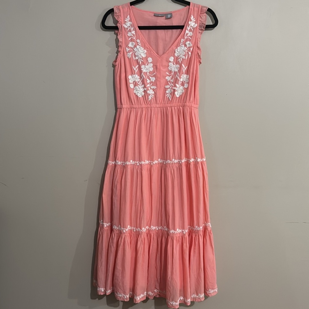 Lucky Brand Coral Midi Dress with White embroidered Floral Details Women's SzXS - Picture 9 of 10